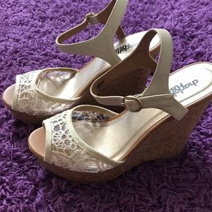 Charlotte Russe tan lace cork wedges